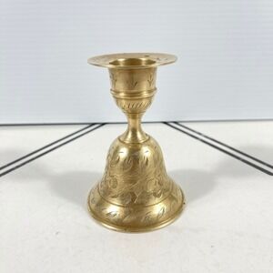Vintage Etched Brass Bell Candle Holder Floral Hand Engraved Made in India